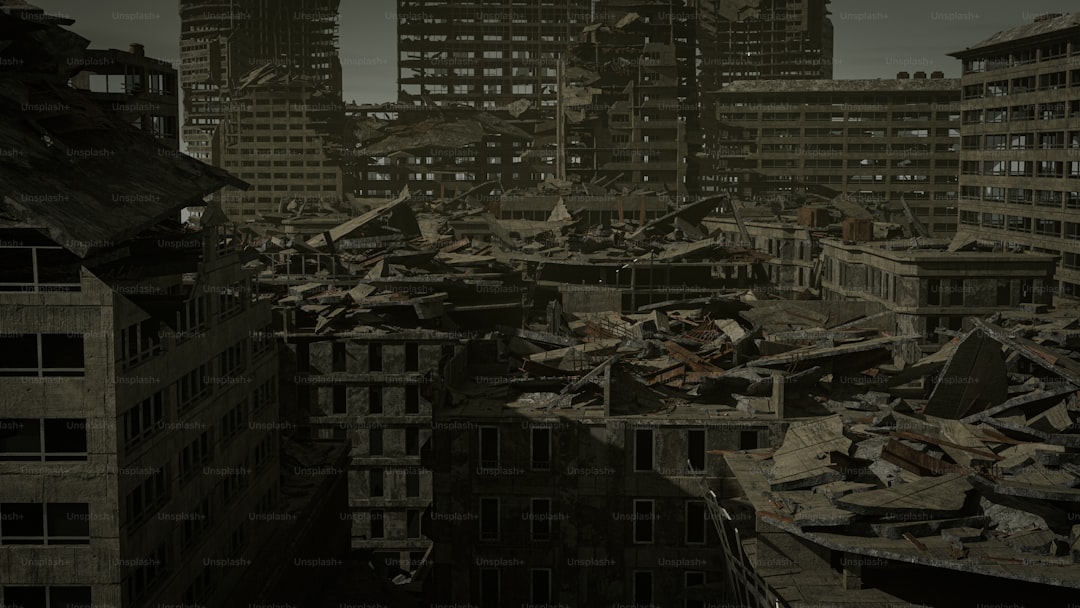 a city filled with lots of rubble next to tall buildings