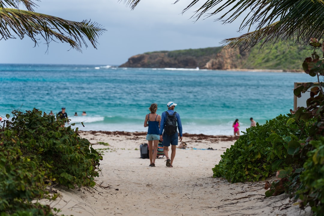 A couple of people walking down a sandy beach