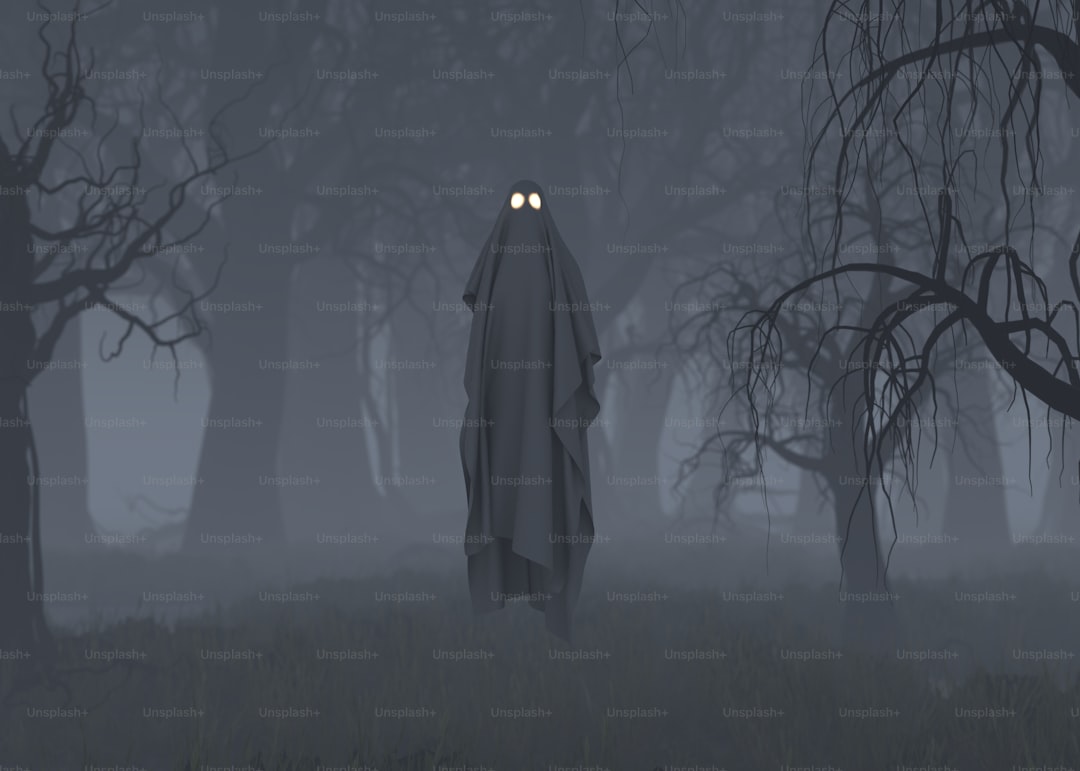 A ghostly figure standing in a foggy forest