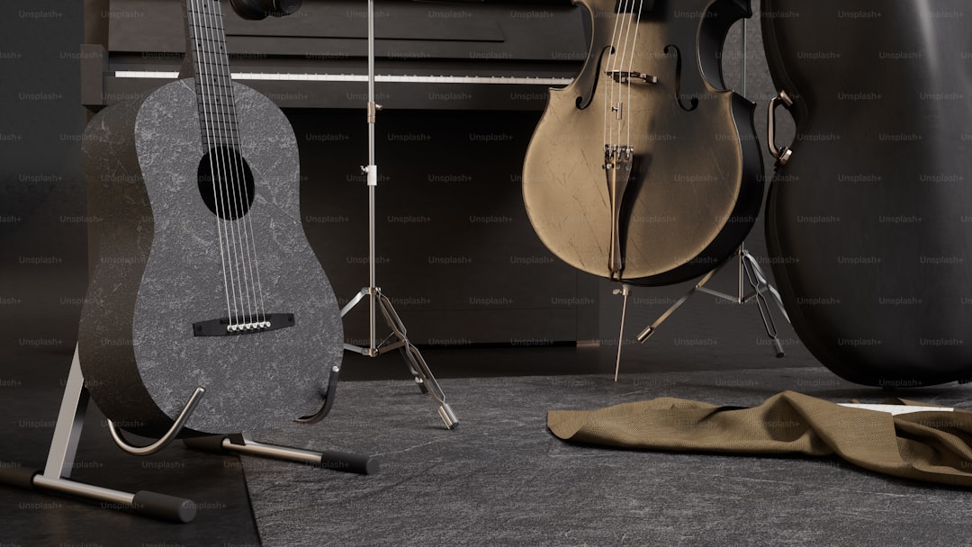 a guitar and other musical instruments on display