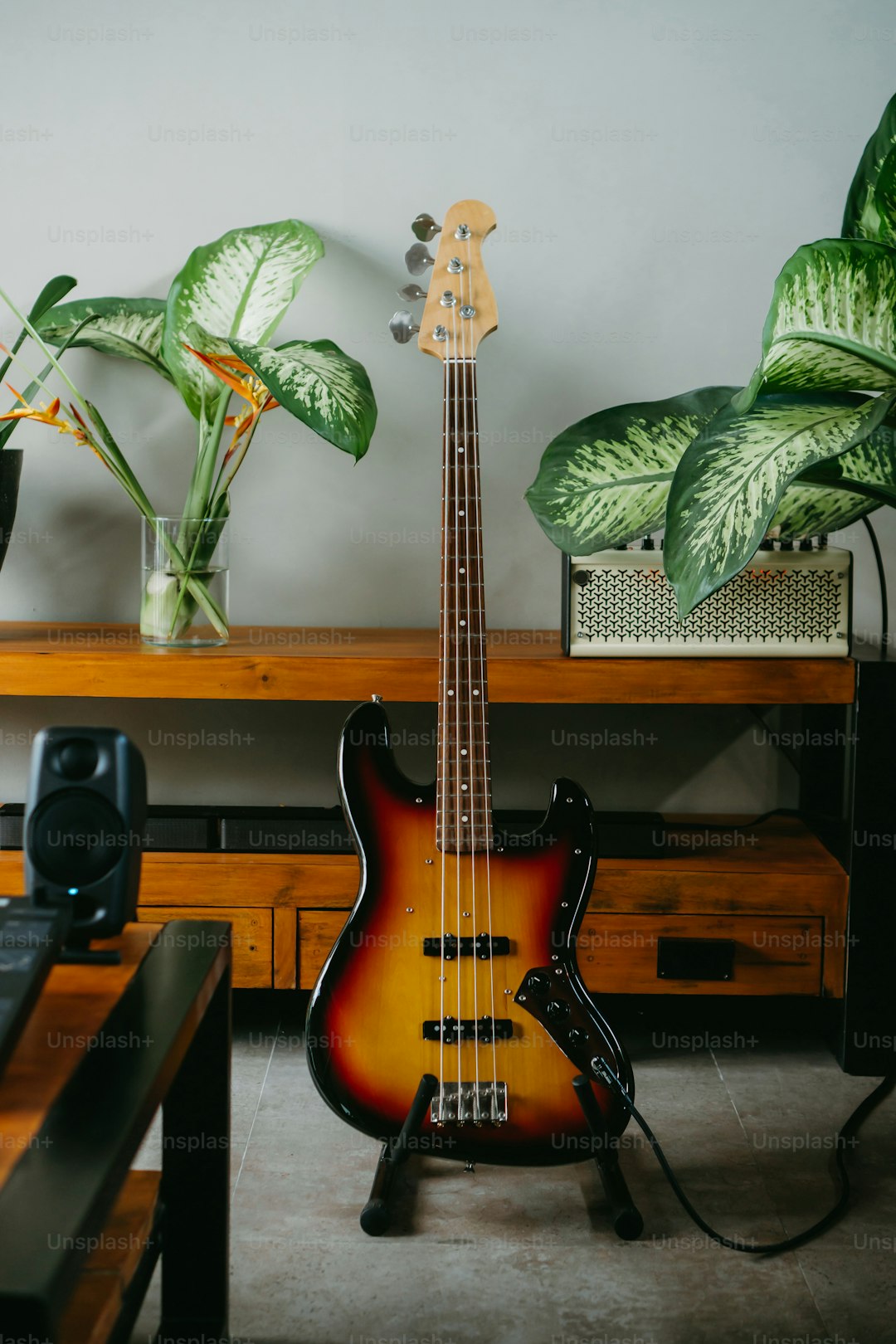 a guitar sitting on top of a table next to a plant