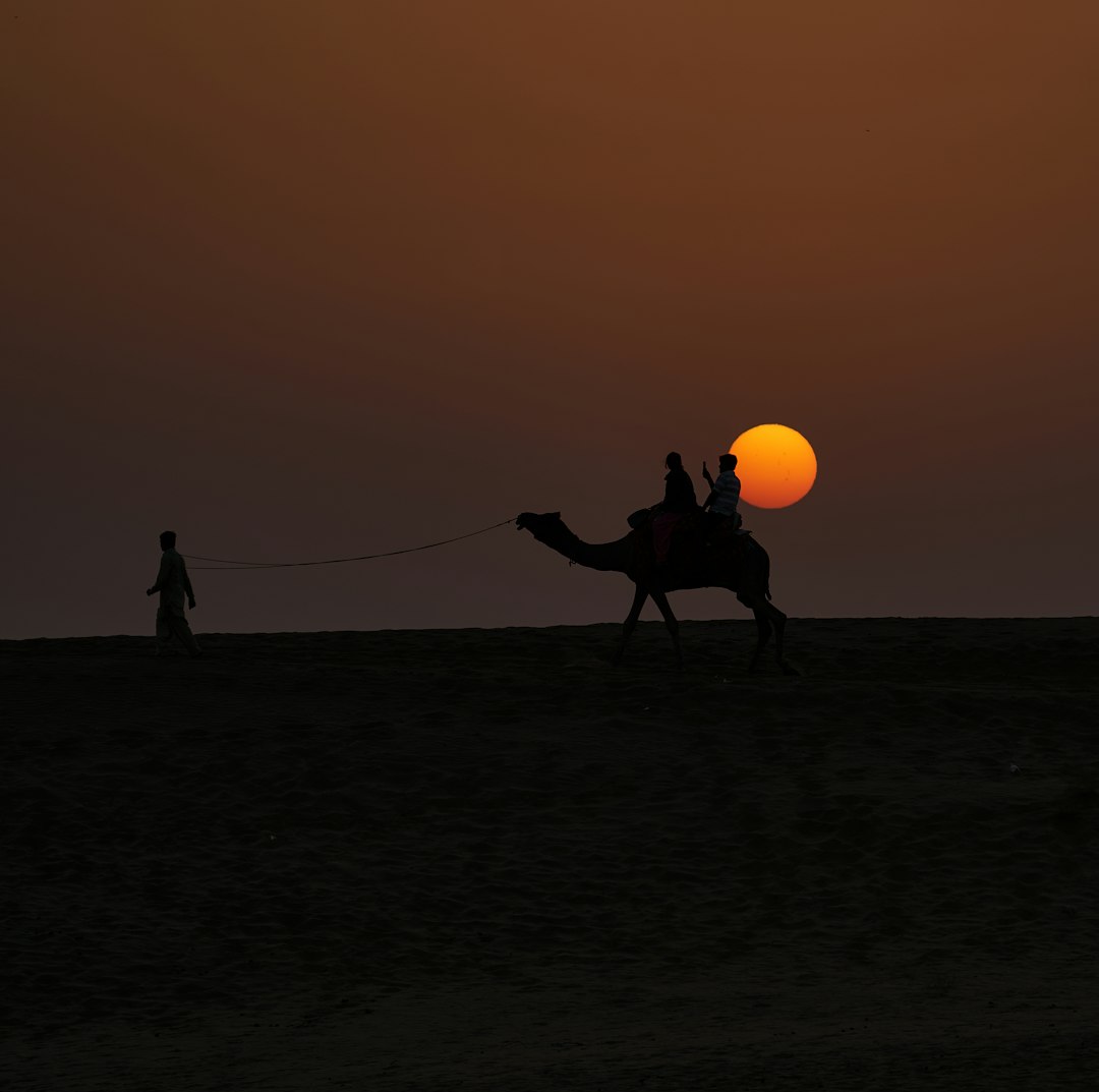 A man riding a camel in the desert at sunset