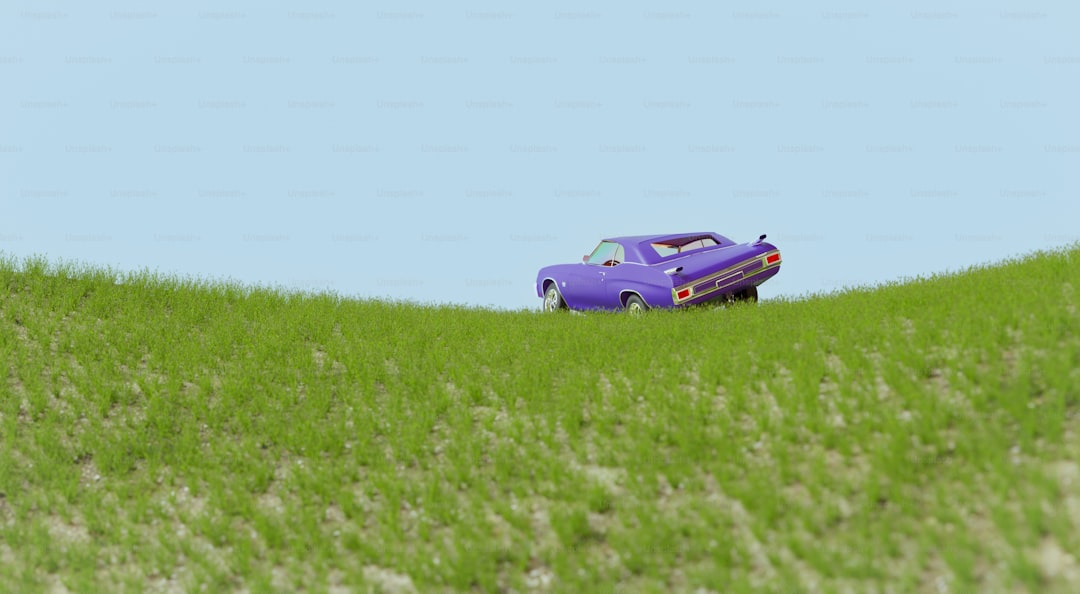 A purple car sitting on top of a lush green hillside