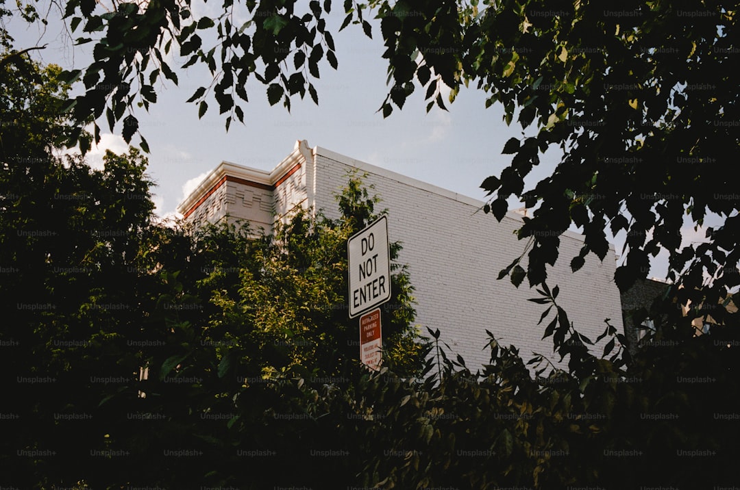 A tall white building sitting next to a lush green forest